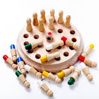 Wooden peg game with colorful pegs on a white background