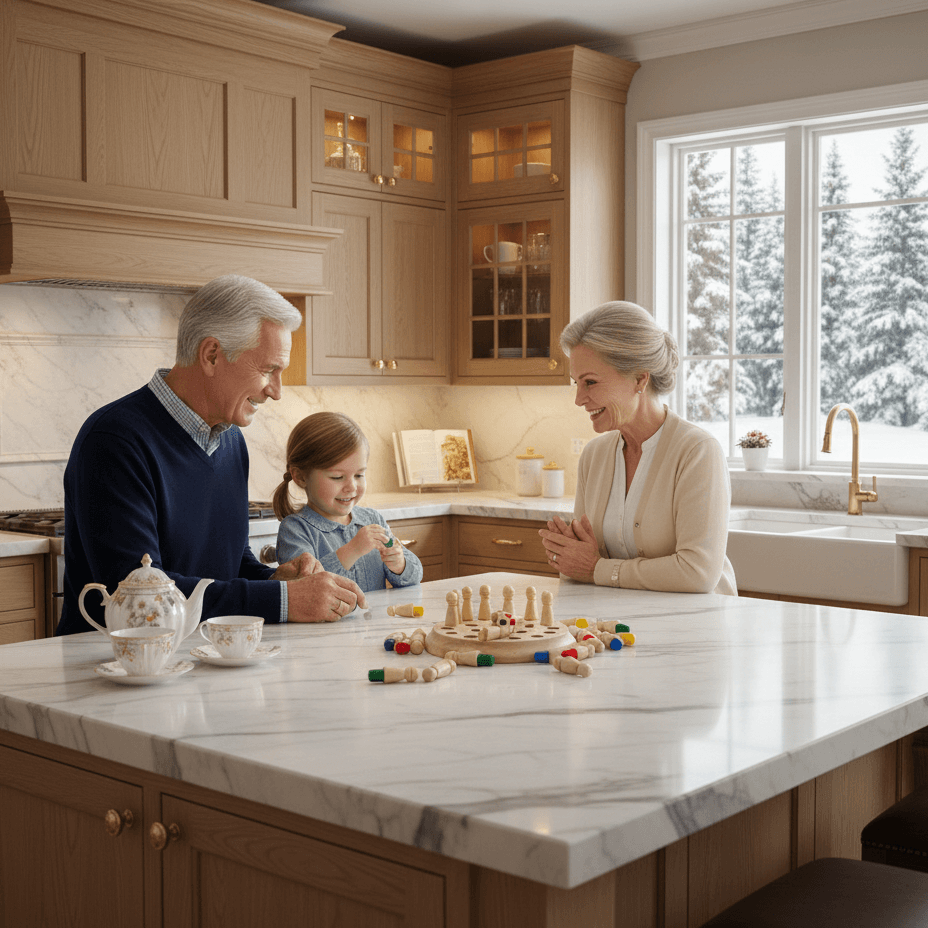 Family playing with wooden toys on a kitchen island