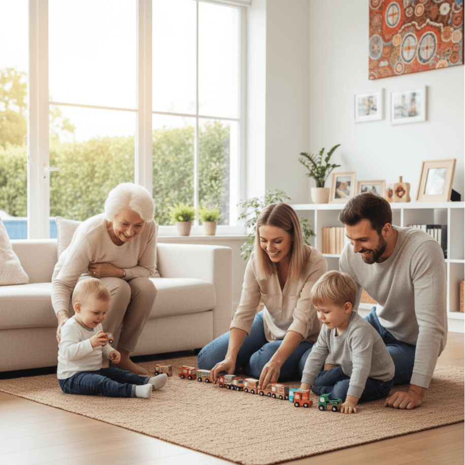 Family playing with toy train on a rug in a living room