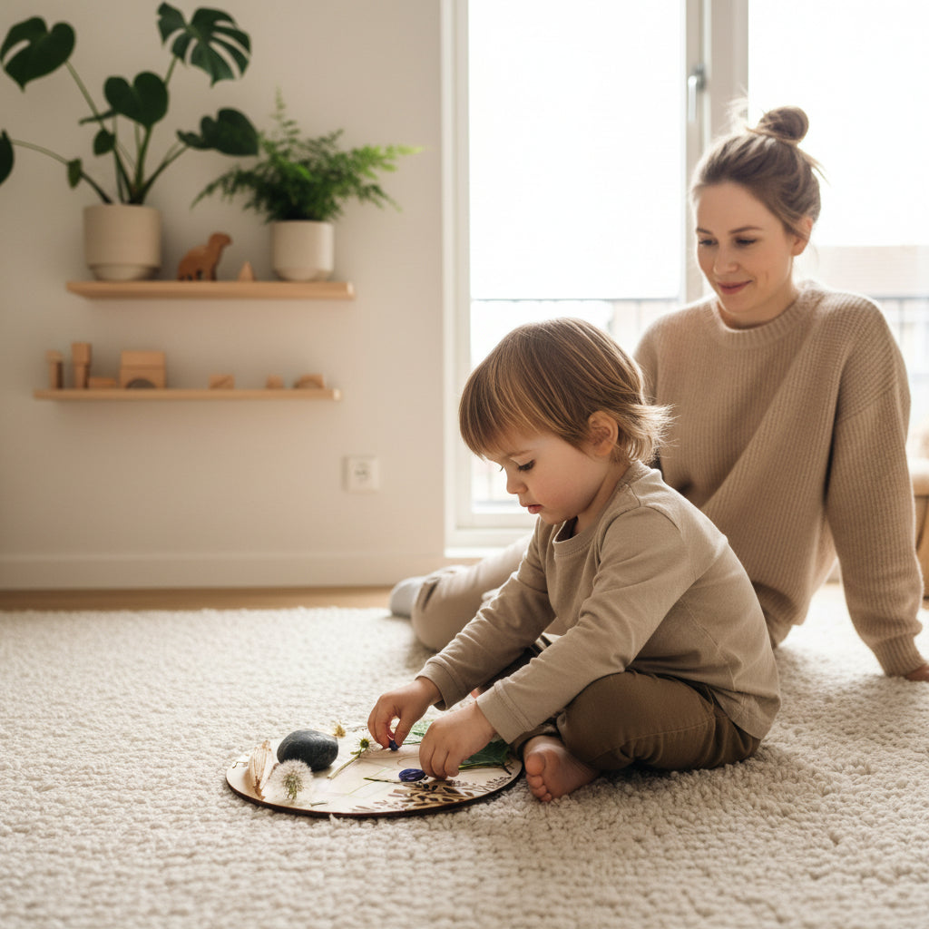 Round wooden board with nature-themed design and collected items on a white background