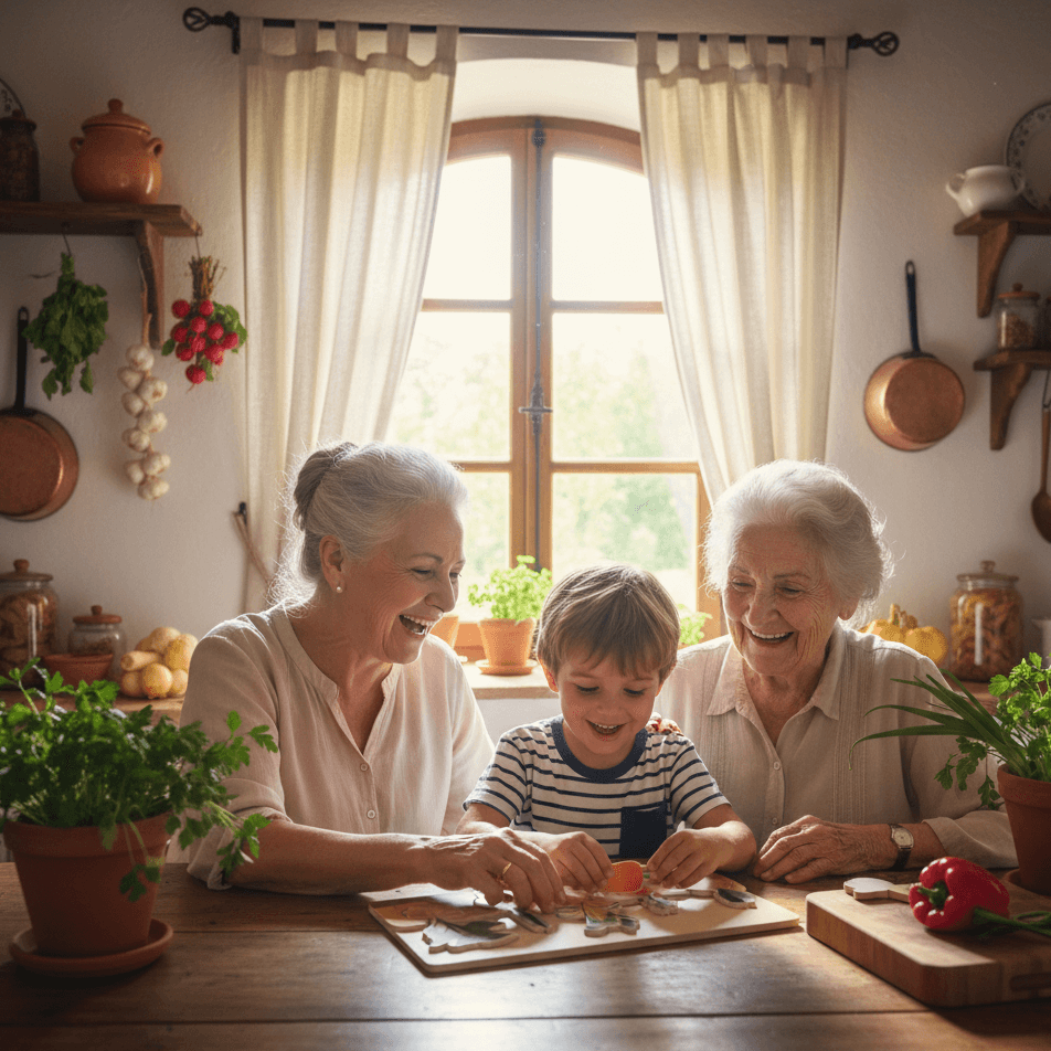Two Nonna  and a young boy preparing food together in a kitchen.VegiMatch 3D Puzzle- Wonder Kiiids
