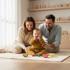 Family with a baby playing on the floor in a bright room with shelves in the background