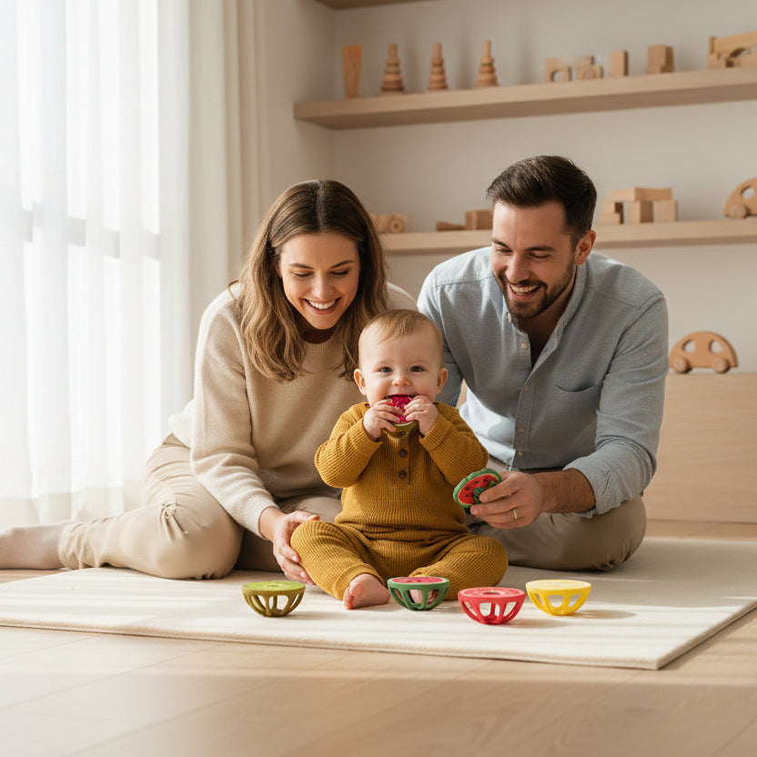 Family with a baby playing on the floor in a bright room with shelves in the background