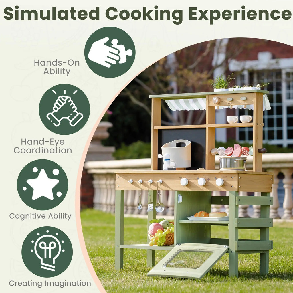 Inspire creativity and sensory learning with our eco-friendly WK Montessori Wooden Mud Kitchen Play Set – perfect for outdoor pretend play. Wonder Kiiids