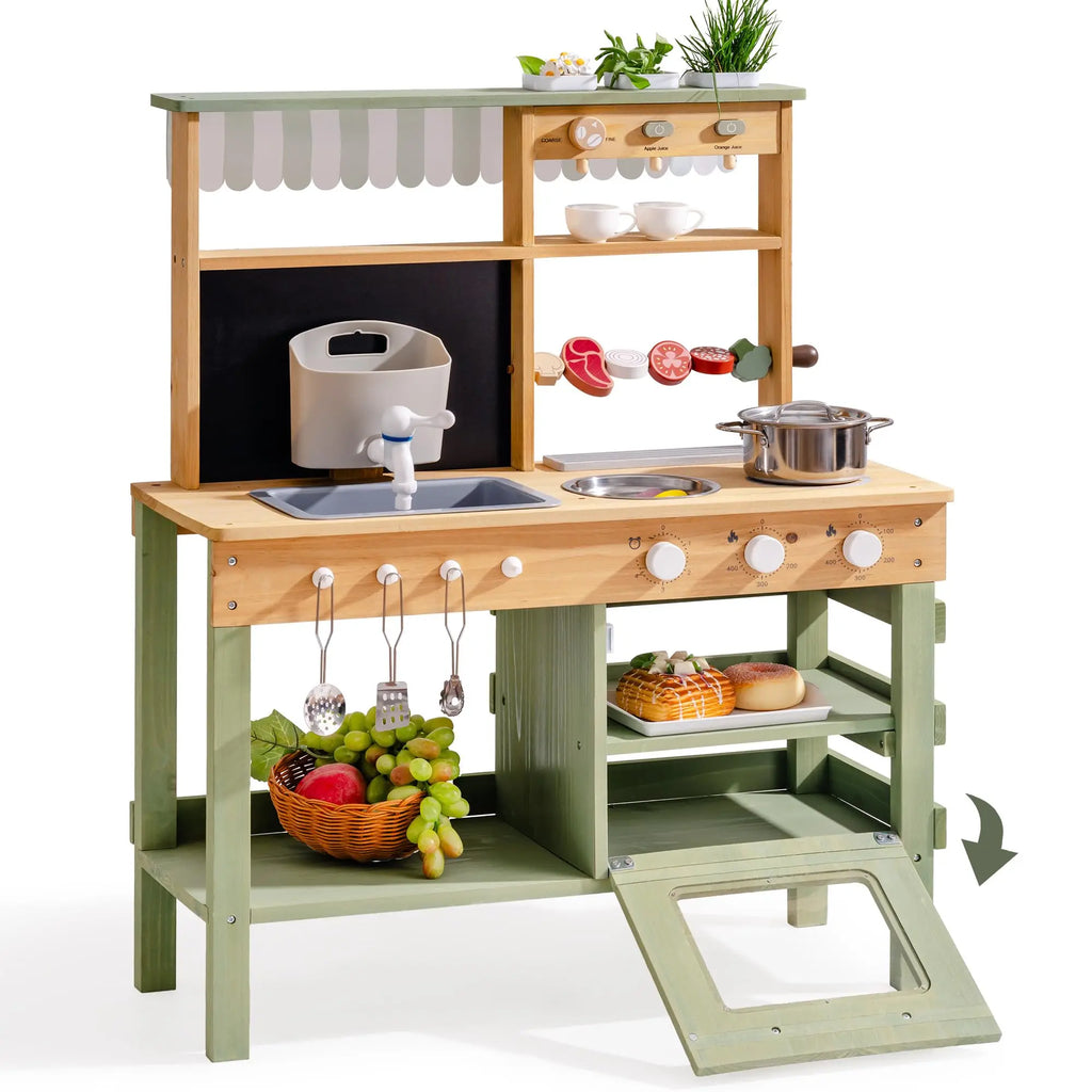 Eco-friendly Montessori wooden mud kitchen play set for outdoor pretend play and sensory learning.  Wonder Kiiids