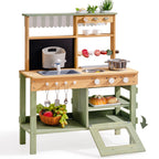 Eco-friendly Montessori wooden mud kitchen play set for outdoor pretend play and sensory learning.  Wonder Kiiids