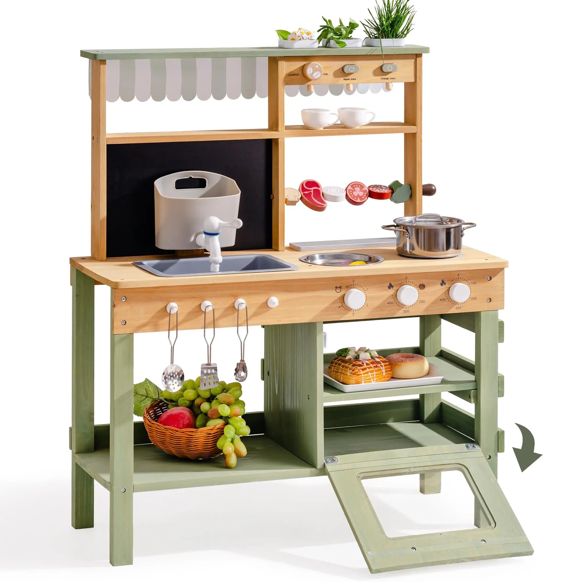 Eco-friendly Montessori wooden mud kitchen play set for outdoor pretend play and sensory learning.  Wonder Kiiids