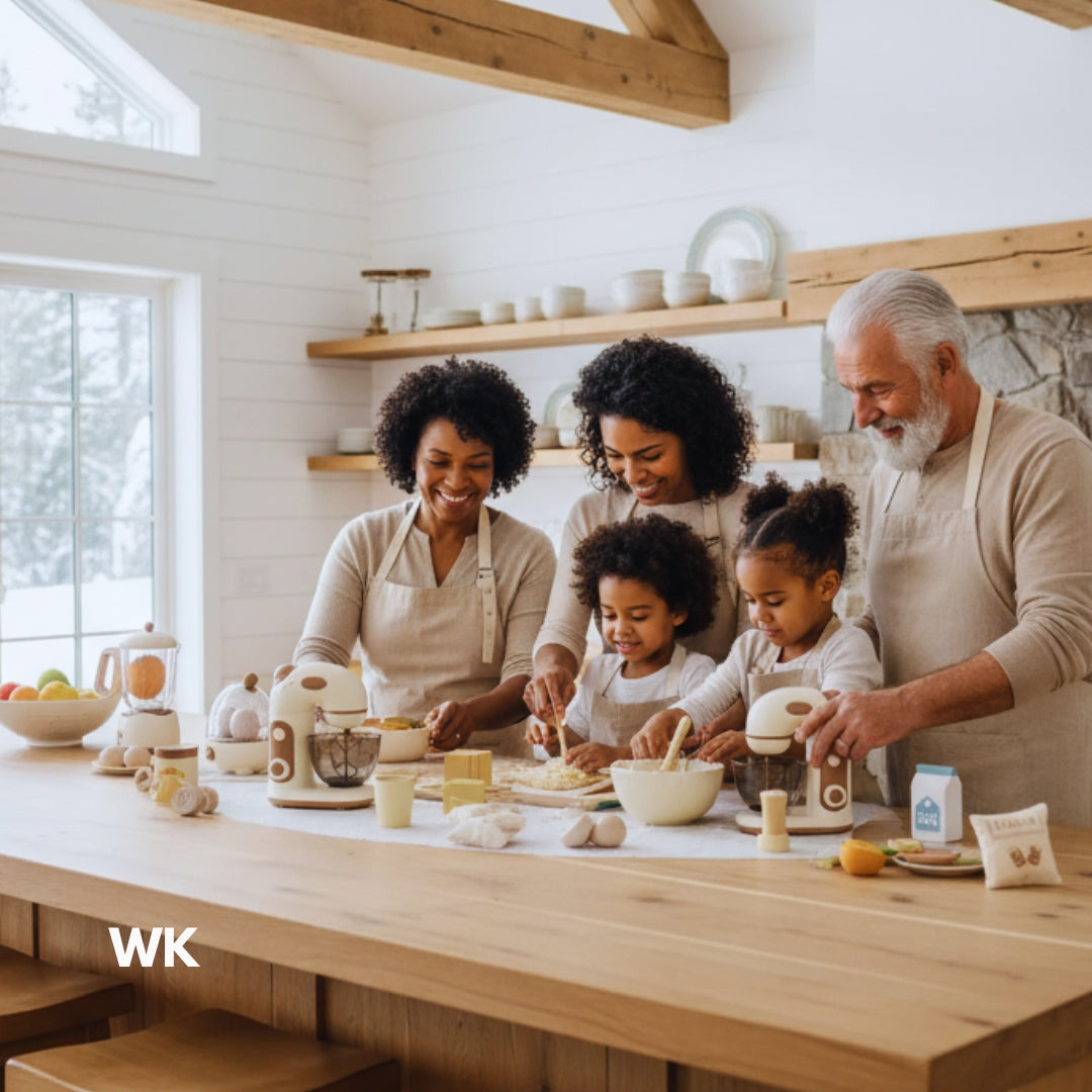 Family of five, including grandparents and children, preparing food together in a kitchen and playing with the WK Play Kitchen Knife Set Wooden Cooking_Wonder Kiiids