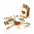 Wooden toy kitchen set with bread, meat, vegetables, and utensils on a white background_WonderKiiids