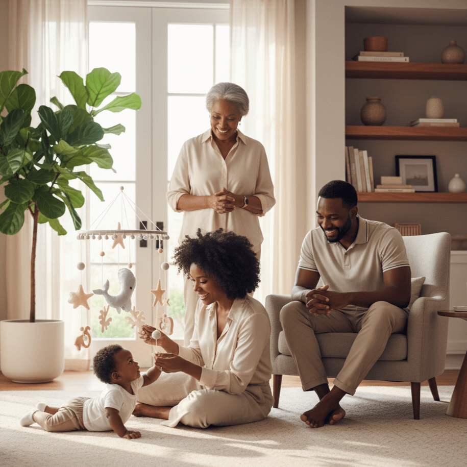 Family of four in a living room with a baby playing on the floorWhale Baby Mobile_Wonder kiiids