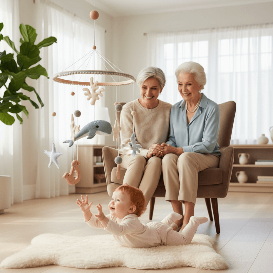 Grandmothers sitting on a chair with a baby on the floor in a bright, modern living room.Whale Baby Mobile – Gentle Movement, Dreamy Nursery Wonder Kiiids