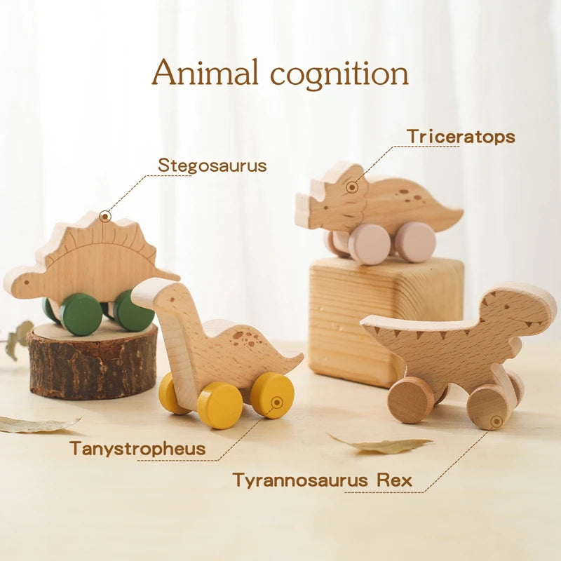 Wonder Kiiids_Eco-friendly Montessori wooden dinosaur car for babies – sustainable educational toy for sensory and motor skill development.