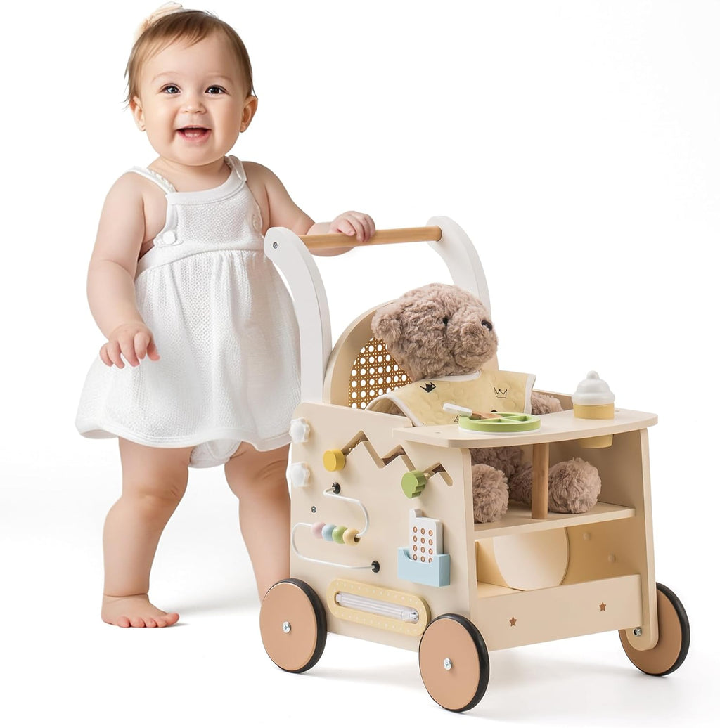 Wonder Kiiids_Eco-friendly Montessori wooden baby walker.Montessori-inspired wooden baby walker pram for first steps – eco-friendly, safe, and developmental toy.
