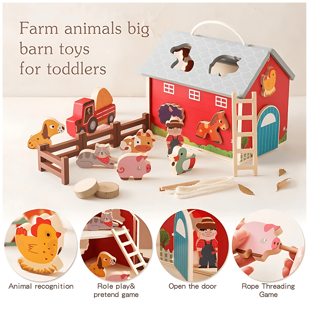 A beautiful WONDER KIIDS wooden farm toy set for kids, featuring a classic barn and assorted farm animals, perfect for imaginative and sustainable play.