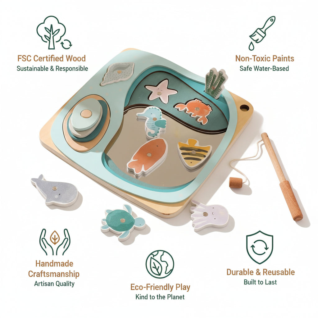 Wooden toy set with various shapes and a fishing rod on a carpeted floor.