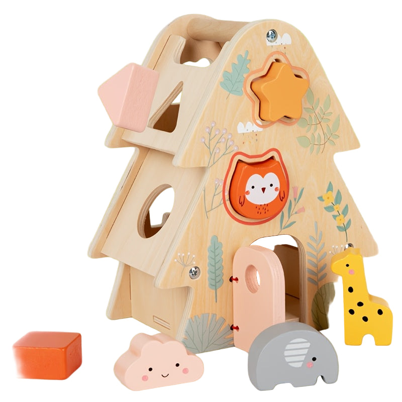 Wonder Kiiids_ Wooden shape sorter toy with animal figures on a green background