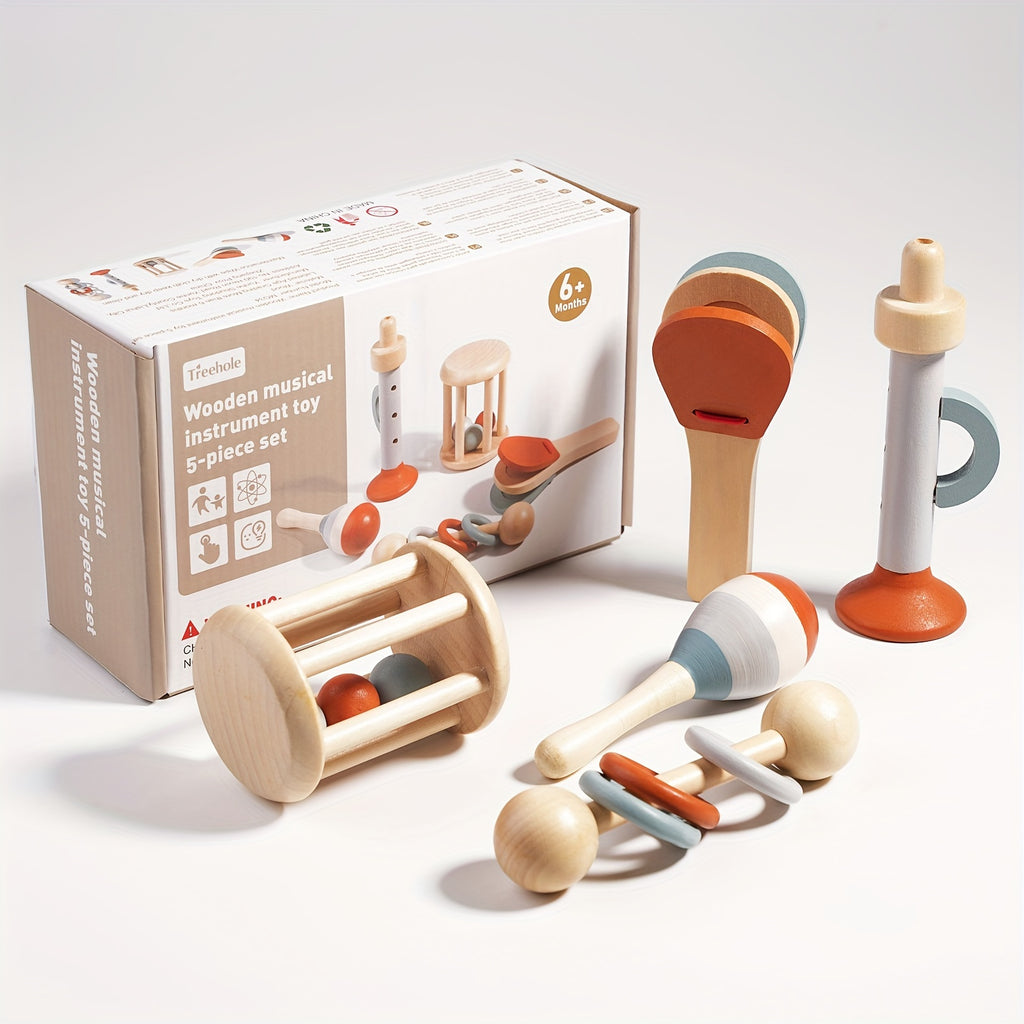 A 5-piece wooden musical instrument toy set for infants and toddlers, including a rattle, maracas, and other instruments, displayed alongside its packaging.