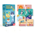 A children's cognitive matching educational jigsaw puzzle set with colorful illustrations on the puzzle pieces, including a cartoon cat and various educational concepts, and the box packaging with the product name and age suitability indication.