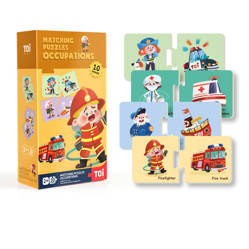 A colorful children's cognitive matching educational jigsaw puzzle set with various puzzle pieces featuring cartoon images of firefighters, a police officer, and a paramedic.