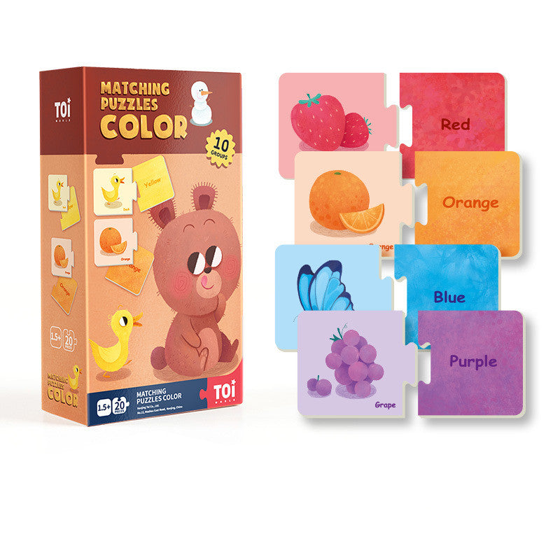 A colorful children's cognitive matching educational jigsaw puzzle set with various shapes and colors, featuring illustrations of a bear, an orange, a blueberry, and other objects to match.