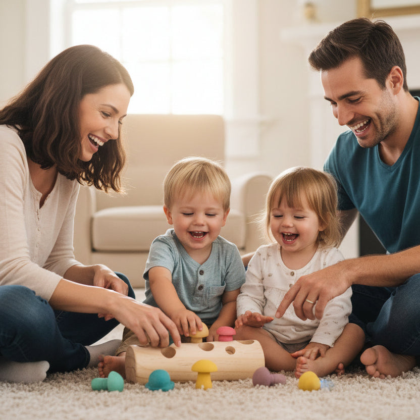 Colorful wooden mushroom toys with a wooden holder on a white background