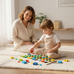 Colorful wooden educational toy with numbers and shapes on a white background