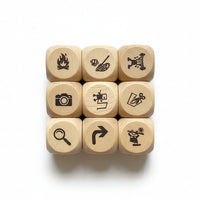 Set of wooden dice with symbols in a clear plastic bag on a white background