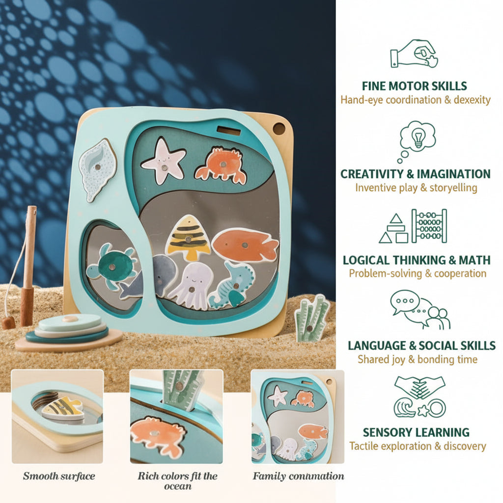 Toy fishing game with ocean-themed figures on a sand and blue background