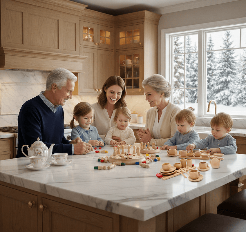 Family of six, including grandparents and four children, playing with wooden toys on a kitchen island.