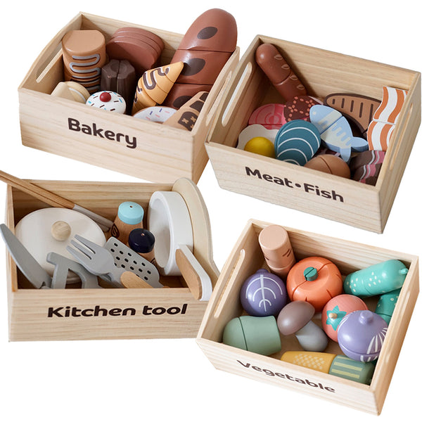 Wonderkiiids_Eco-friendly Montessori wooden food cutting set for toddlers – pretend play kitchen educational toy.