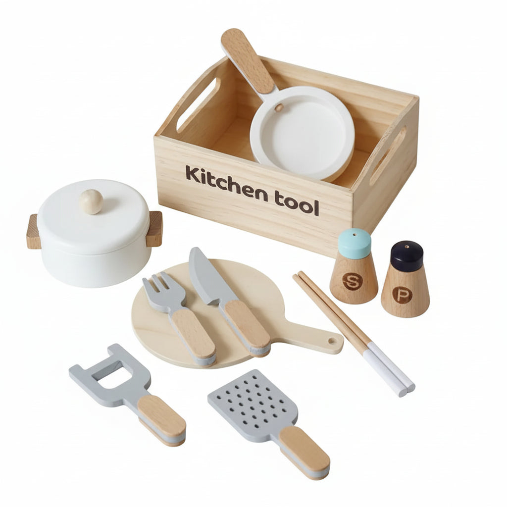 Three wooden food cutting sets with various kitchen tools and pretend food items like meat, fish, and vegetables.