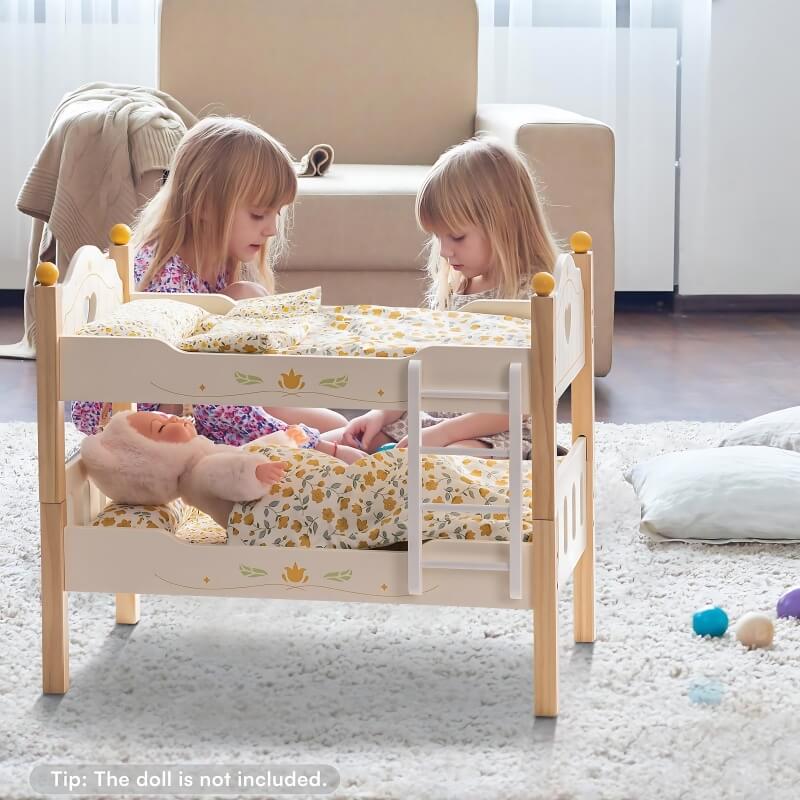 Wonder Eco-friendly Montessori wooden doll bunk beds – convertible into two single beds for imaginative pretend play.