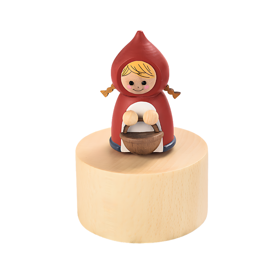 A handcrafted wooden mini music box with a red-colored character on top playing a musical instrument.