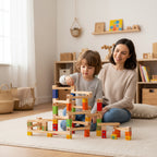 Collage of a hand placing a marble into a wooden marble run with colorful blocks.