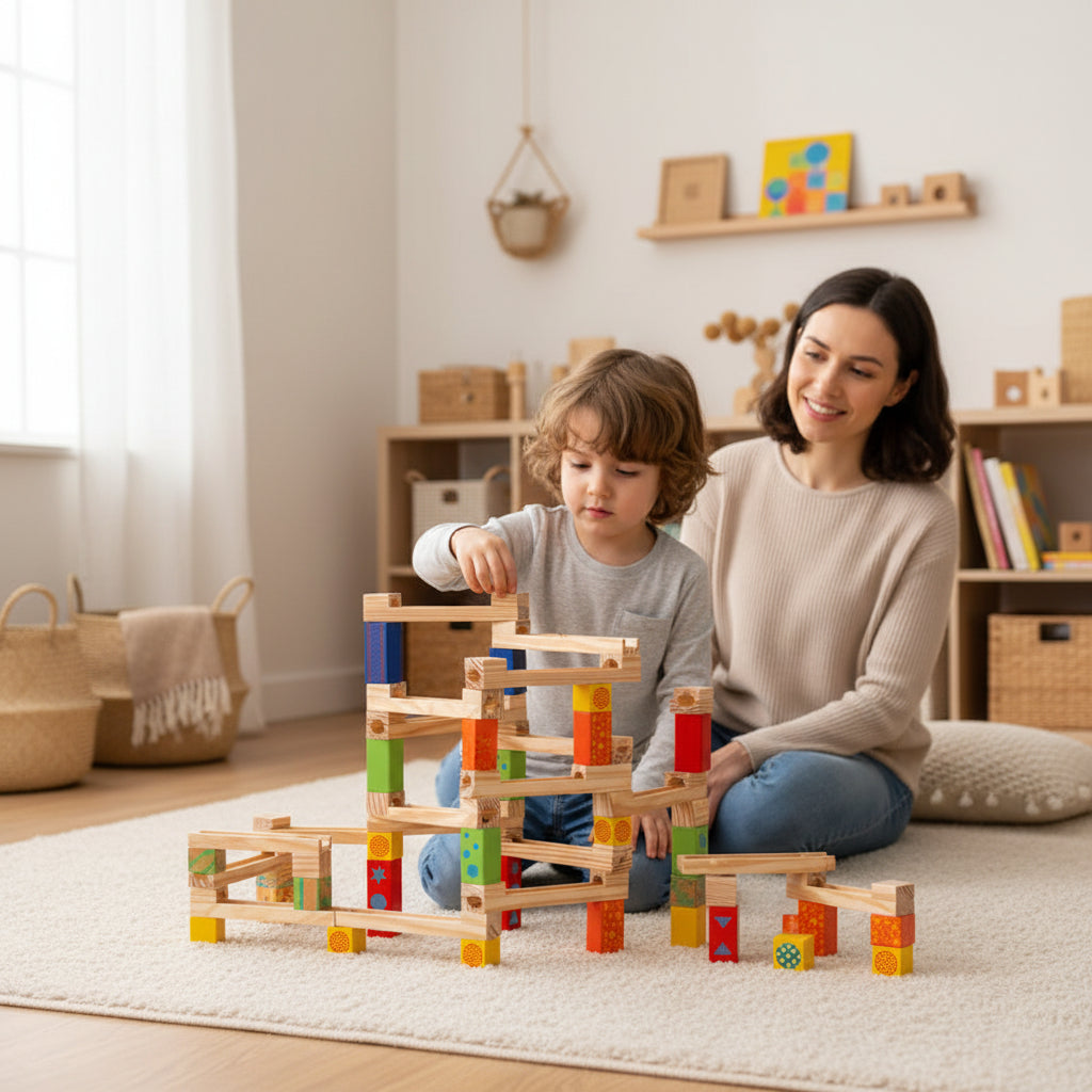 Collage of a hand placing a marble into a wooden marble run with colorful blocks.