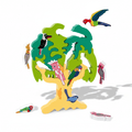 Colorful bird toy set with a tree-like structure on a white background