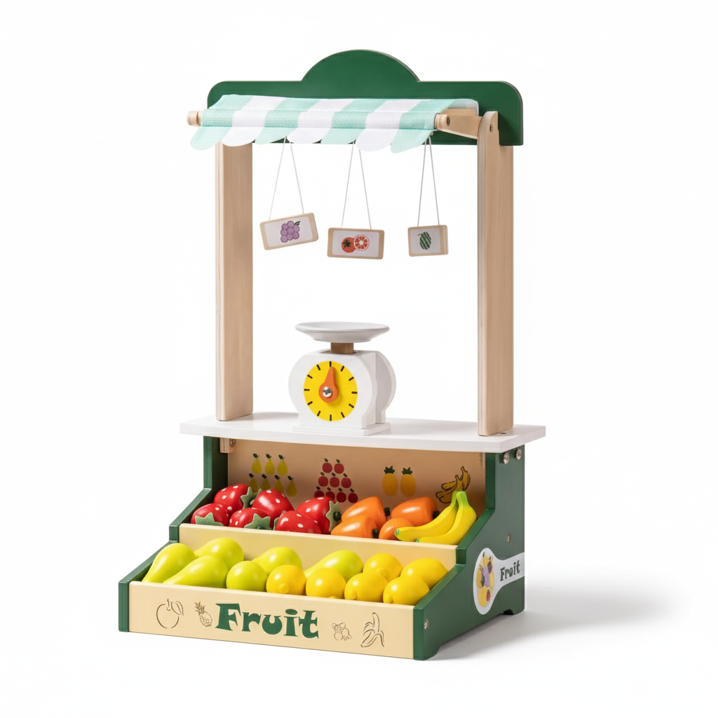 Toy fruit stand with fruits and a scale on a white background _.Wooden Farmers Market Stand Fruit