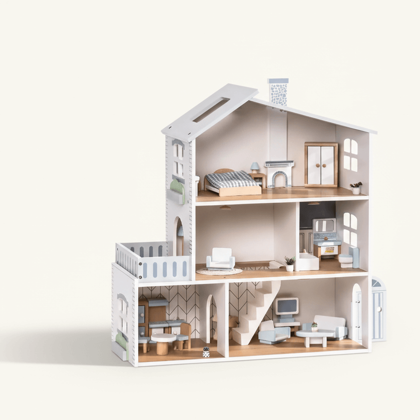 Three-story dollhouse with interior furniture on a white background.Wooden Play House – Wonder Kiiids