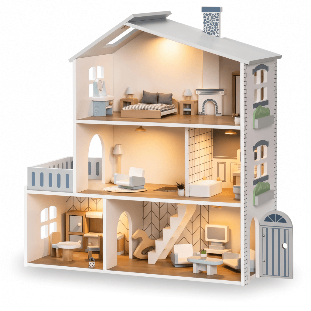 Wooden dollhouse with detailed interior furniture on a white background.Wooden Play House – Wonder Kiiids