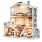 Wooden dollhouse with detailed interior furniture on a white background.Wooden Play House – Wonder Kiiids