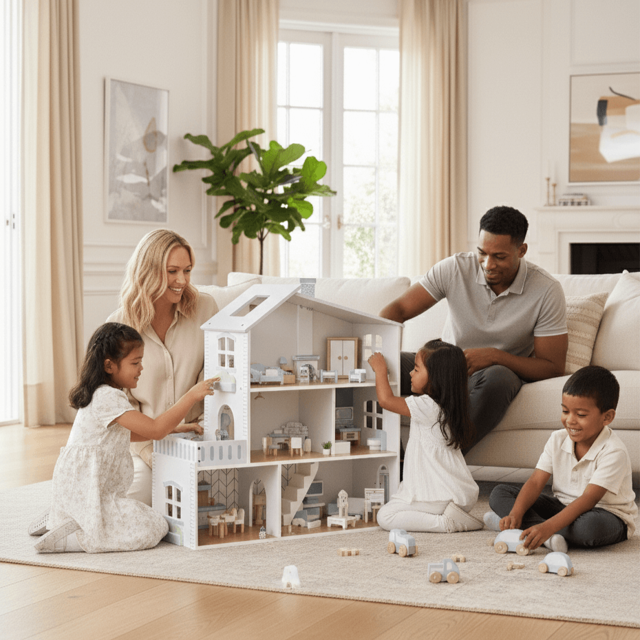 Family of four playing with a Wooden Play House – Wonder Kiiids in a bright living room.