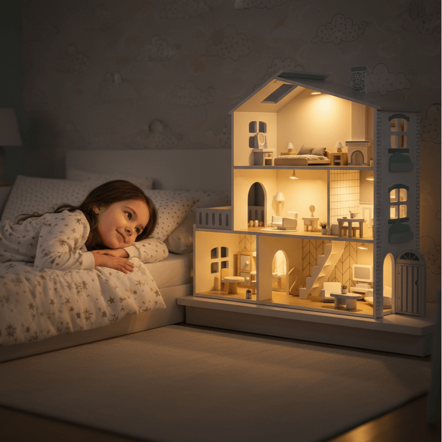 Child lying on a bed next to a lit-up wooden dollhouse in a dimly lit room.Wooden Play House with Lights – Wonder Kiiids