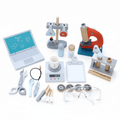 Set of Wooden Scientist Kit - Wonder Kiiids scientific equipment including a laptop, microscope, beakers, and tools on a white background. 