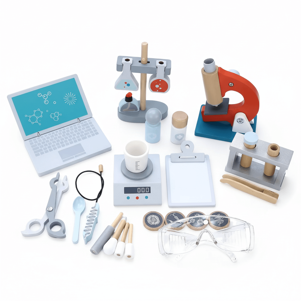 Set of Wooden Scientist Kit - Wonder Kiiids scientific equipment including a laptop, microscope, beakers, and tools on a white background. 