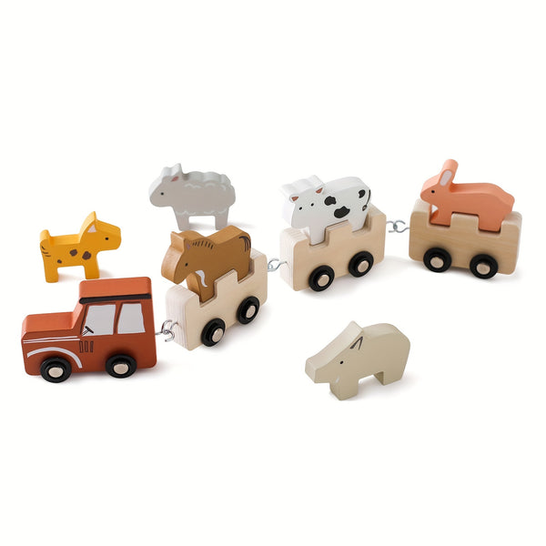 Set of wooden animal toys on a white background.Wooden Splicing Car Toy Set_Wonder Kiiids