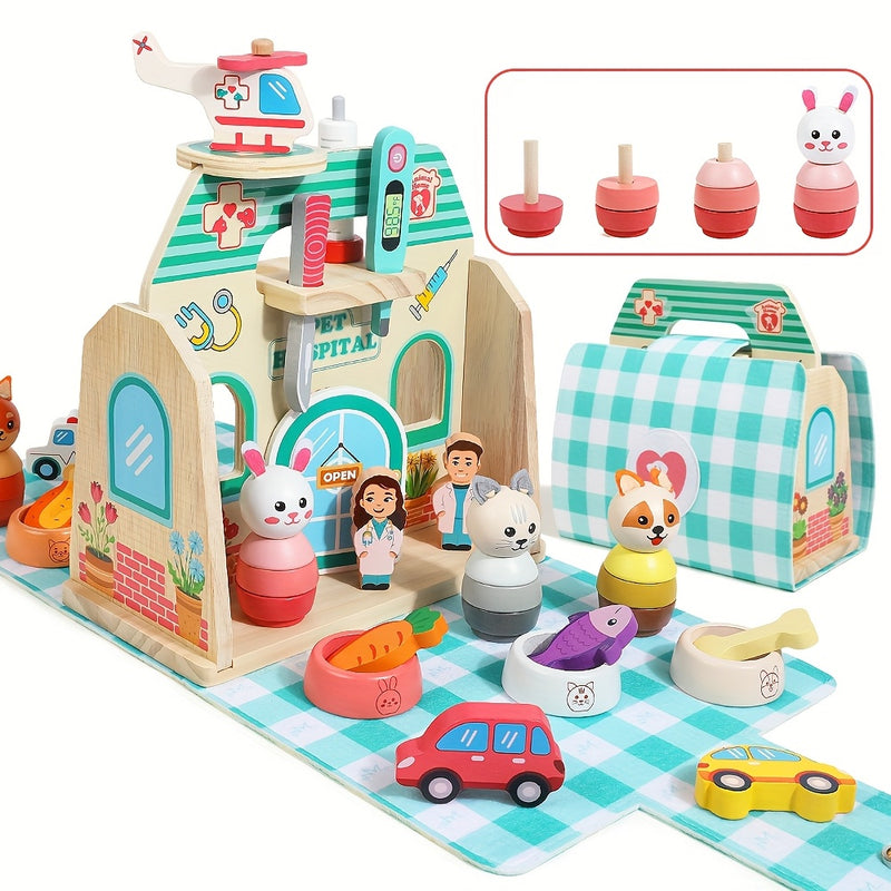 Toy hospital set with animals, cars, and a picnic mat on a white background. WonderKiiids