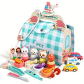Toy pet hospital set with various animal figures and medical tools on a white background