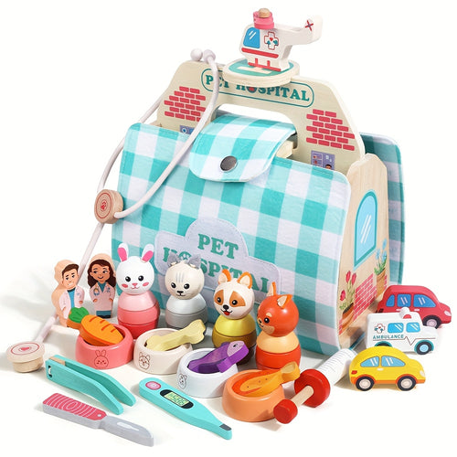 Toy pet hospital set with various animal figures and medical tools on a white background