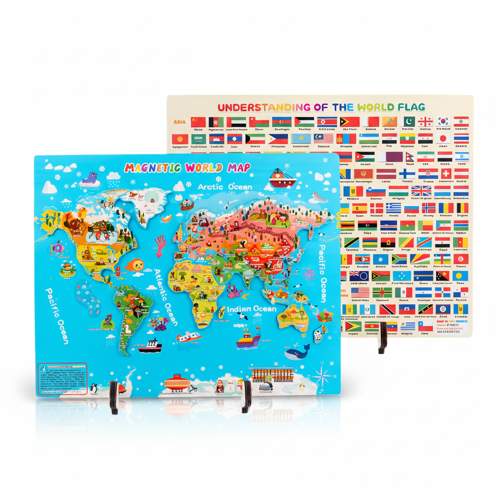 World map with magnetic pieces and a poster of world flags on a white background
