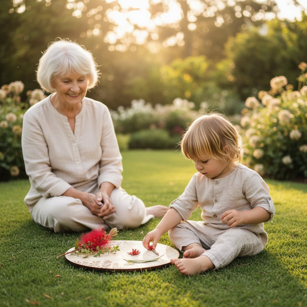 Wooden nature find tray with collected plants and flowers on a grass background